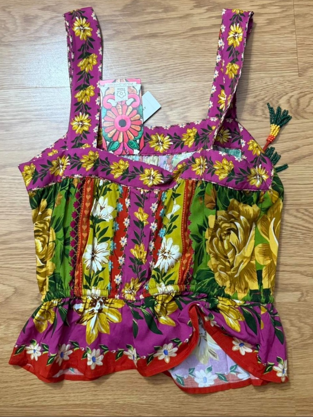 Farm Rio Floral Printed Smocked Crop Tank Top - Pink & Green - Picture 3 of 3